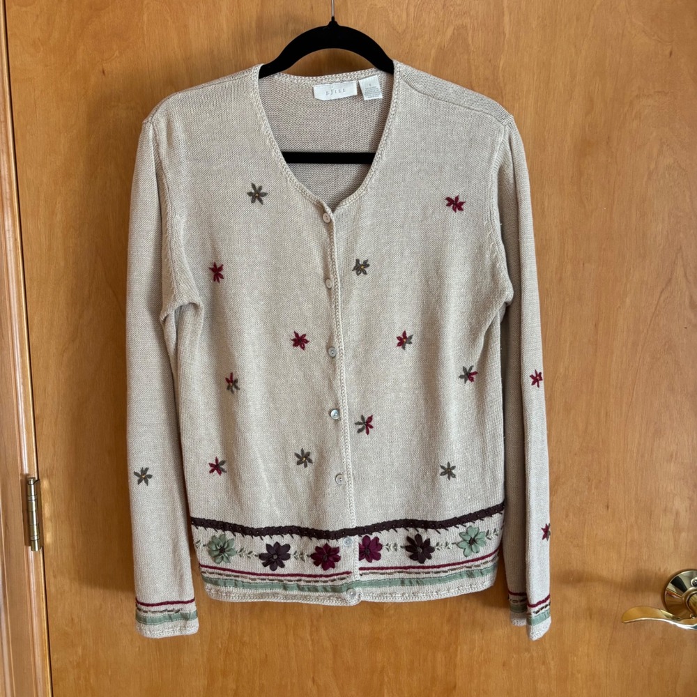 VTG J.Jill Embroidered fall Floral Cardigan Sweater Linen Blend‎ Neutral Small
